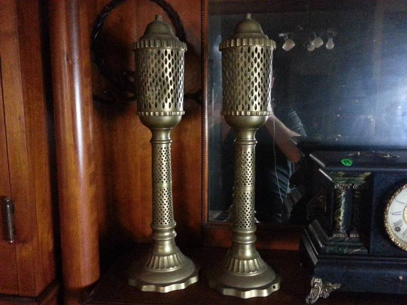 lot 61 image: Pair of Brass Candle  Incense Holders