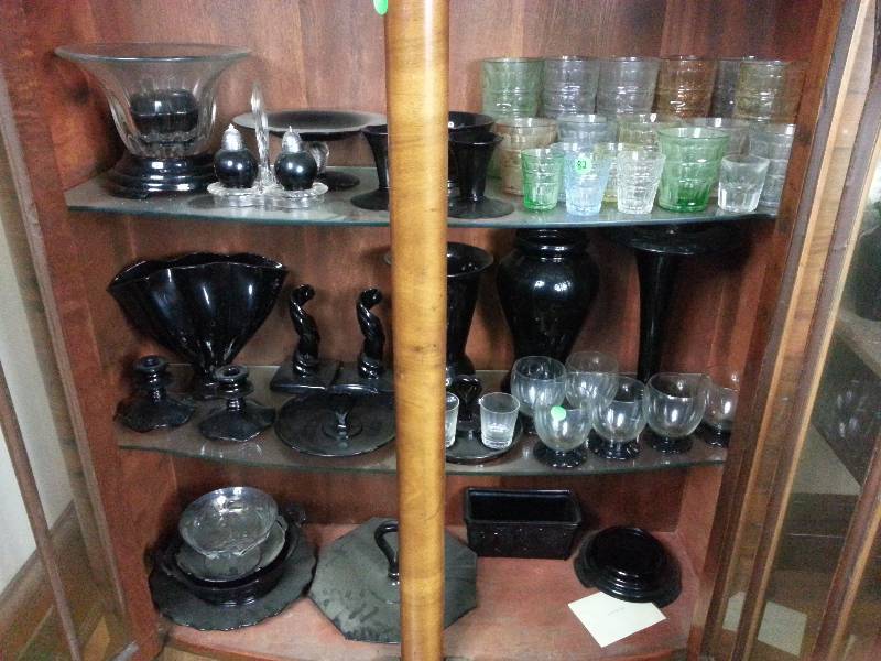 lot 84 image: 34 Pieces of Black Glass Dishes