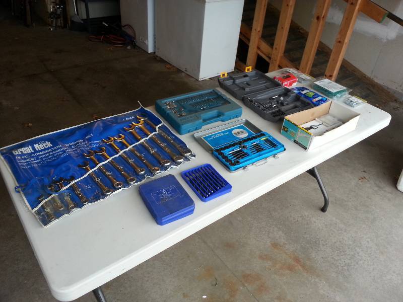 lot 156 image: Great Neck Combo Wrench Set, Tap & Die Set, Drill Bits, Misc Screws, Etc.