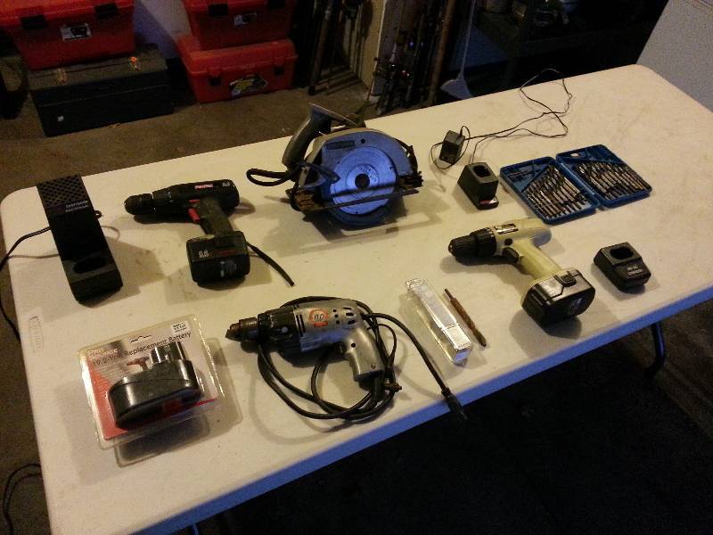 lot 165 image: Craftsman Circular Saw, Vintage Black & Decker Drill, S&D 34 Drill Bit, 18v Drill, Drill Bits, and more