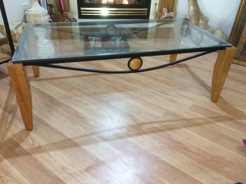 lot 5 image: Modern Wood and Metal Glass Top Coffee Table