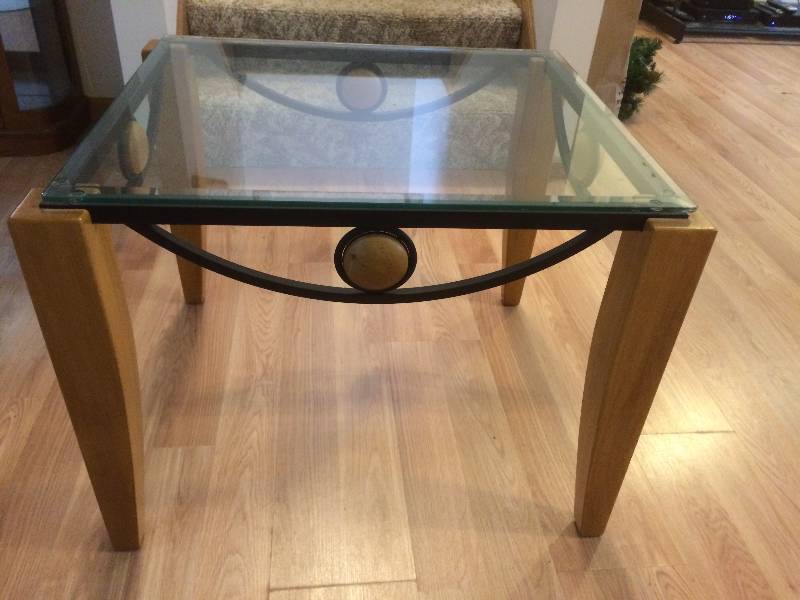 lot 6 image: Modern Wood and Metal Glass Top End Table