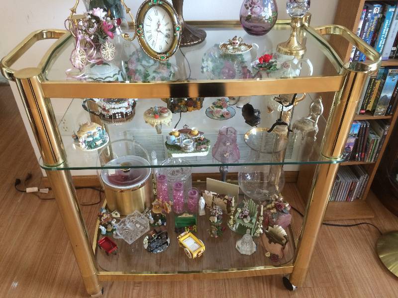 lot 12 image: Gold and Glass Rolling Serving Cart