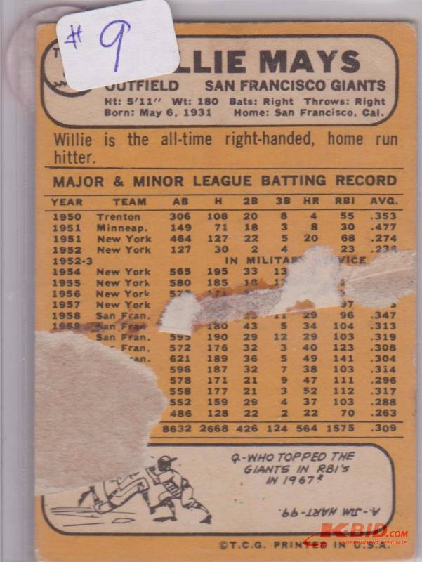 1967 Topps Willie Mays - Nice Front Bad Back