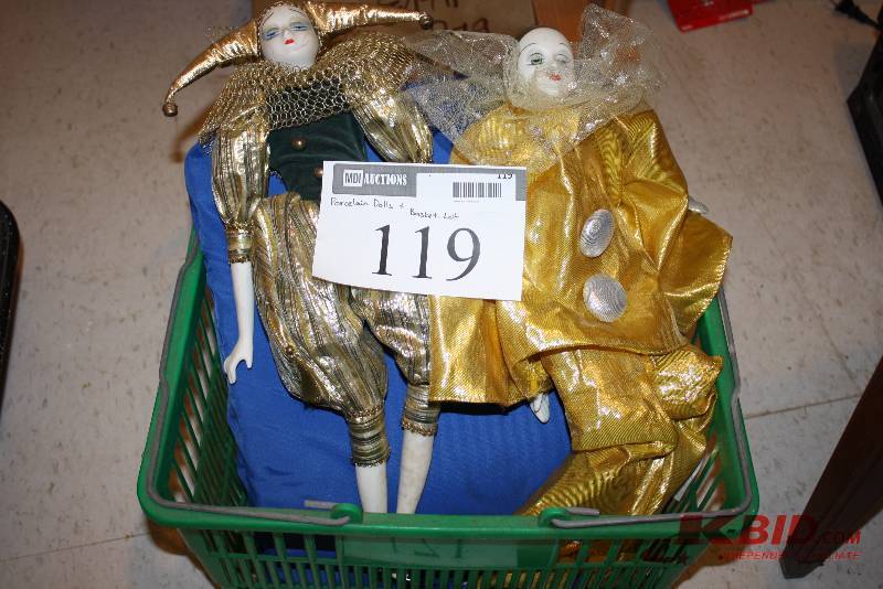 Basket Lot Including Porcelain Dolls And More.