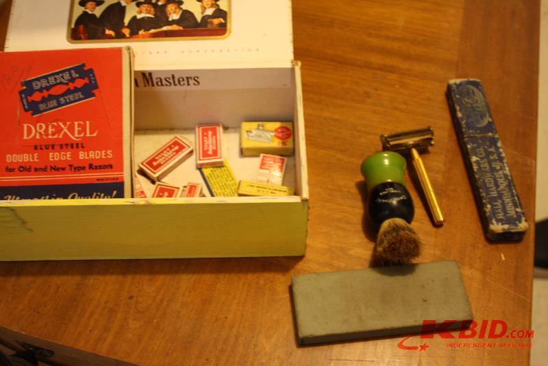Vintage Shaving Lot Including Shaving Blades Shaving Cream Brush Bond And More.