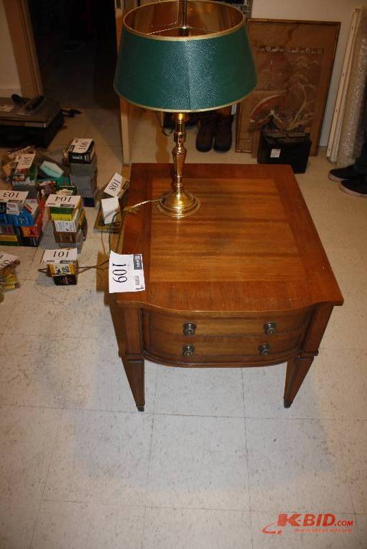Lot of (2) Including Wooden Stand, 27 x 22 x 22 Desk Lamp wGreen Shade.