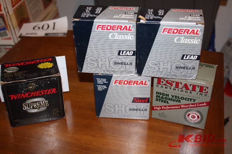 Box Lot of (5) 12 Gauge Shotgun Shells Including Brands Winchester Federal.