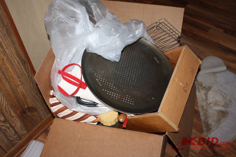 Box Lot of Miscellaneous Home Goods Including Cups Whisk Rug And More.