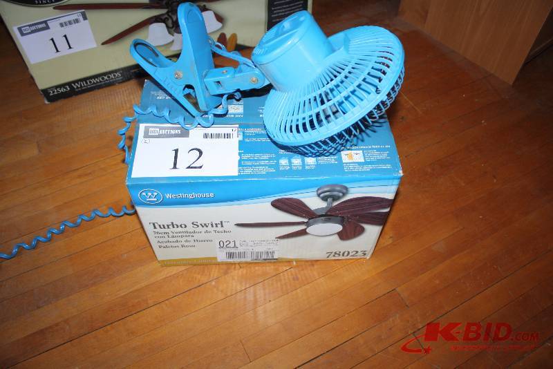 Lot of (2) Fans Including Westinghouse Turbo Swirl Ceiling Fan wLight Desk Fan wClamping Mount, Blue.