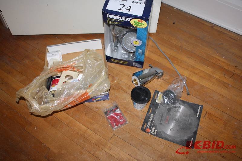 Plumbing Lot Including Sawblade Peerless 5 Spray  Showerhead Chrome Combo Pack Outlet Covers And More.