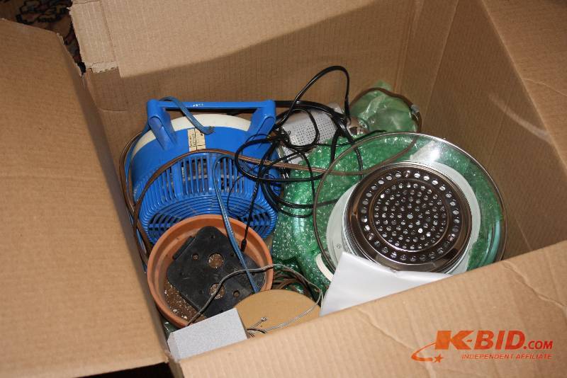 Box Lot Including Fan Sign Miscellaneous Home Goods And More.