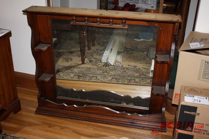 Lot of (3) Including Wooden Dresser, 58 x 18 x 32 Mirror wWooden Frame & Shelves 47.5 x 7 x 39 Lamp wBeige Shade, 27 High.