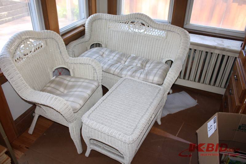 Lot of (3) Wicker Style Patio Furniture Including Chair Sofa Table 48 x 24 x 34 29 x 18 x 18 30 x 24 x 36.