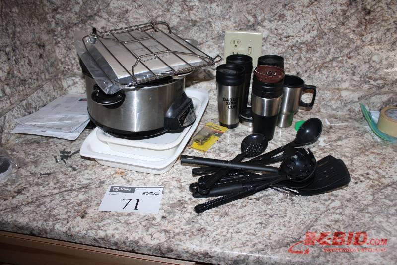 Shelf Lot Including Metal Coffe Mugs wlids Crock Pot Plastic Cookware And More.