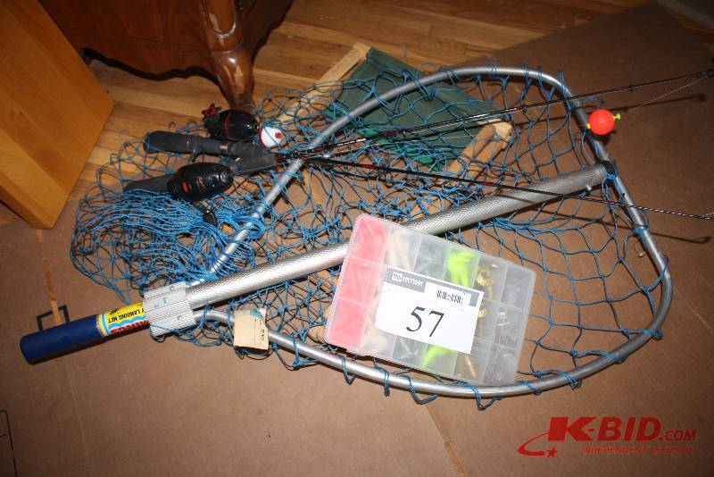 Fishing Lot Including Tacklebox wFake Bait Chairs Fishing Nets Short Poles And More.