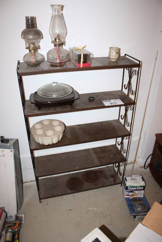 Shelf Lot Including Shelf, 31 x 9 x 47 Vintage Oil Lamps Bakery Dish And More.