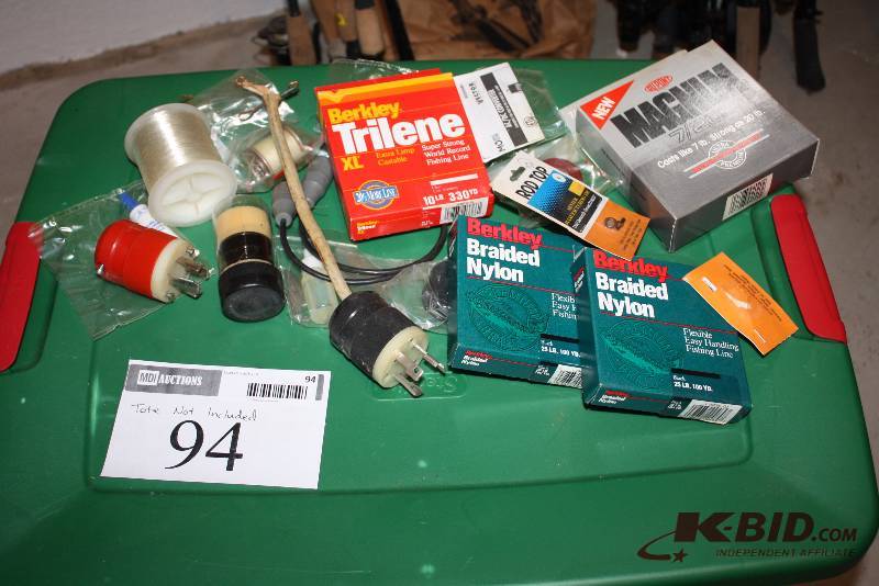 Table Lot Including Berkley Braided Nylon Fishing Line Electrical Cord Ends Rod Top And More.