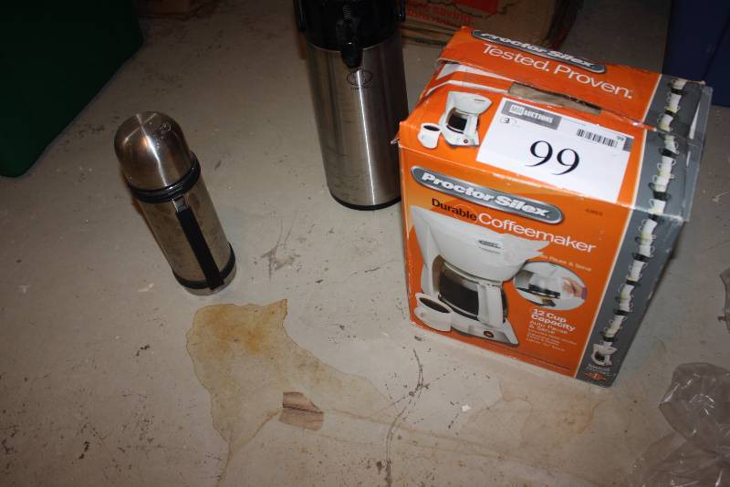 Coffee Lot of (3) Including (1) Aluminum Thermos (1) Thermal Coffee Dispenser and (1) Proctor Silex 12 Cup Coffee Maker
