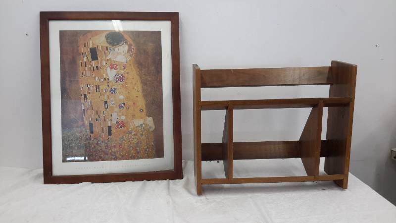lot 126 image: bookshelf and framed art