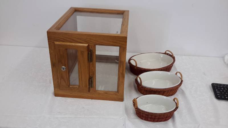 lot 16 image: wood glass box, stoneware with wicker