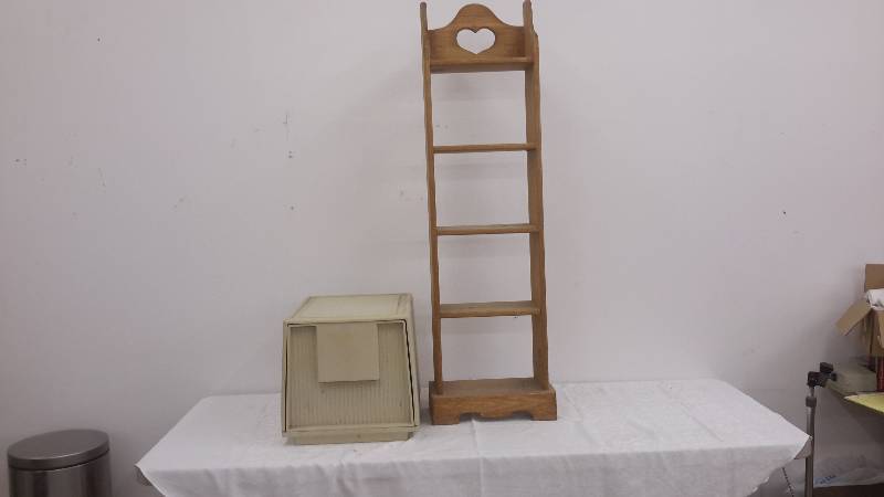 lot 58 image: wooden shelving, plastic file box
