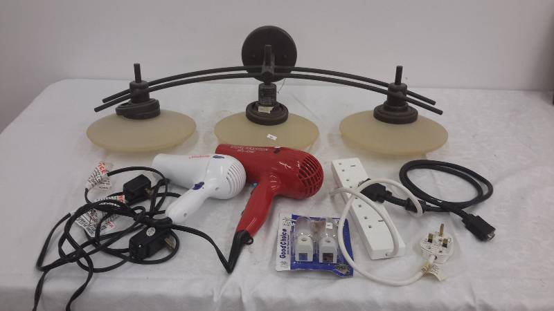lot 59 image: light fixture, hairdryers, nightlights, euro cord, video cable