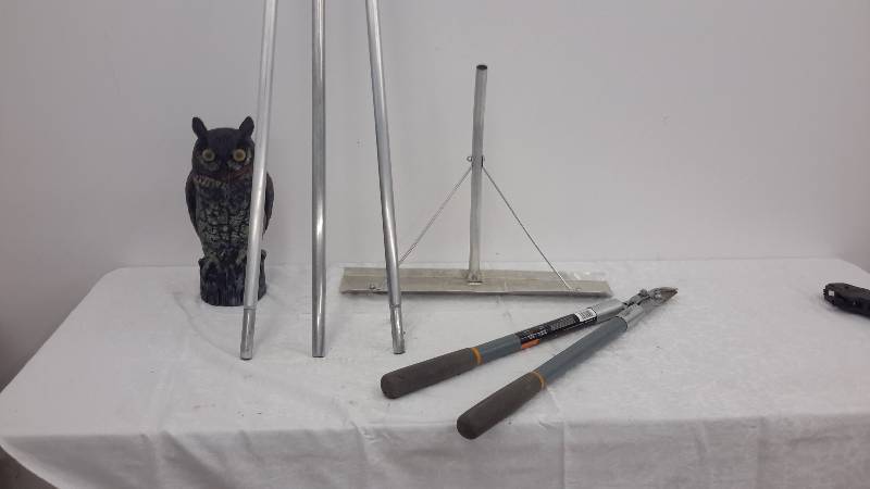 lot 80 image: roof rake, 30 inch lopper, owl