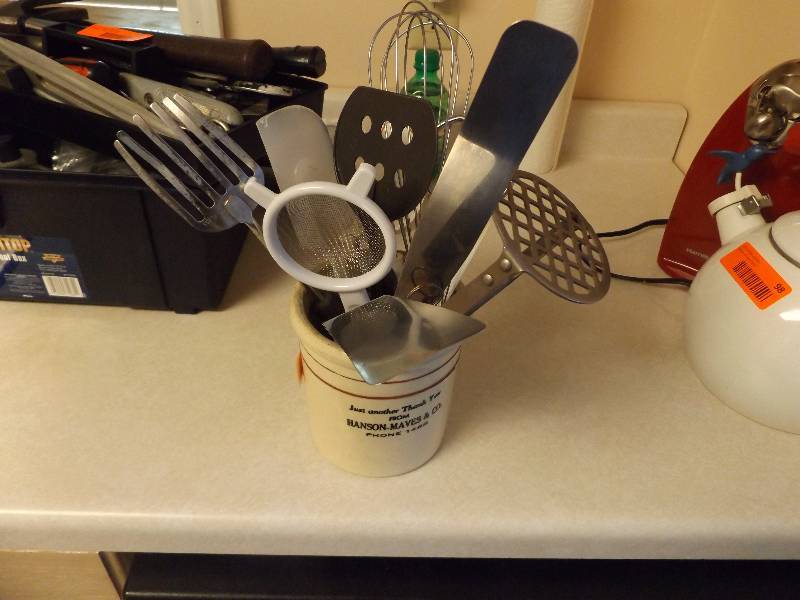lot 99 image: Crock wMisc Utensils