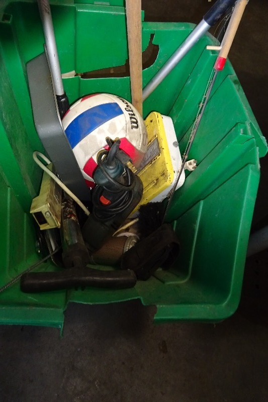 lot 153 image: Misc. bin,  soccer ball, power strip, tin cans, and more