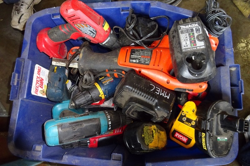 lot 168 image: Bin of battery chargers and batteries unknown condition and recipical saw