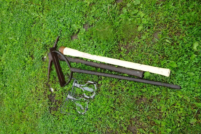 lot 209 image: 2 mole traps, pick axe, new handle