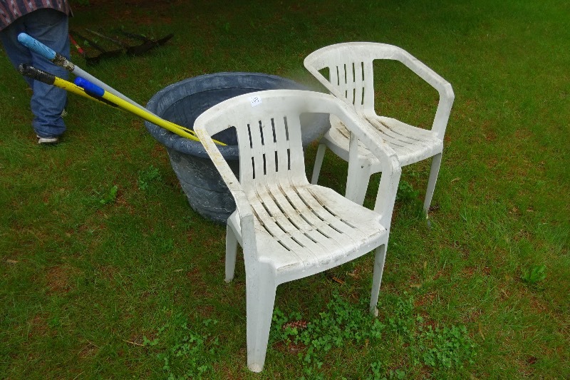 lot 214 image: 2 plastic chairs, 1 large planter, magnet, 1 broom