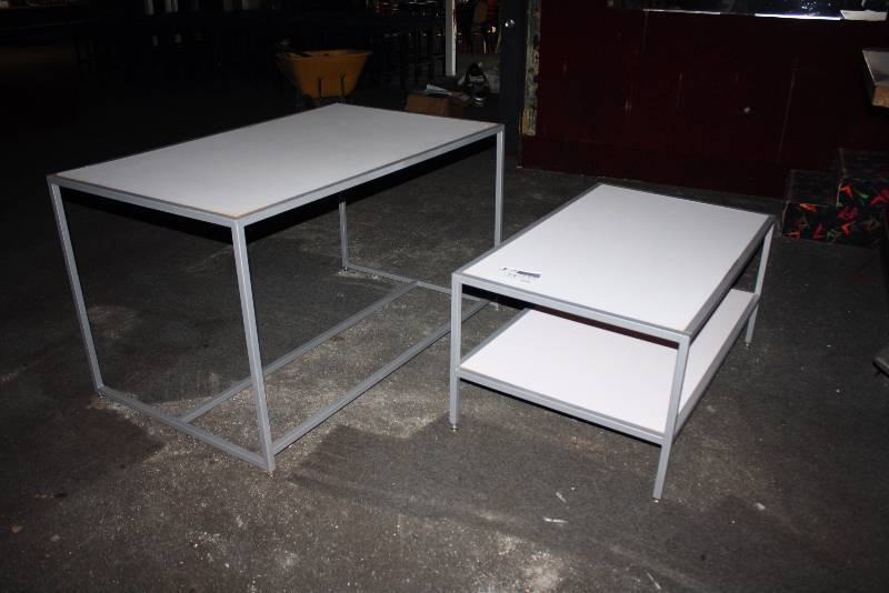 lot 35 image: Lot of (2) Including Table wLower Shelf, White High Table wOpen Frame, White 36 x 60 x 34 36 x 45 x 24.