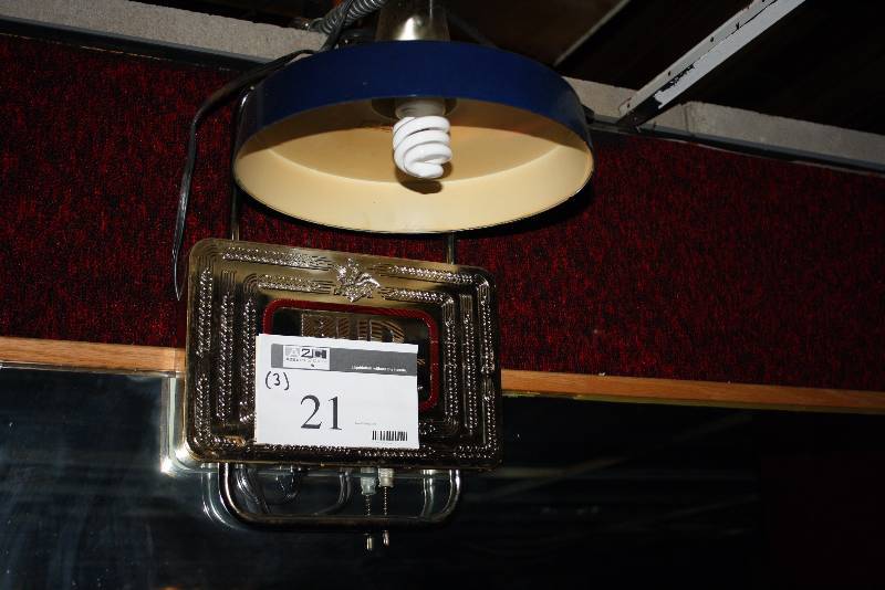 lot 21 image: Lot of (3) Bud Light Electric Signs wCord & Light Fixture wBlue Shade.
