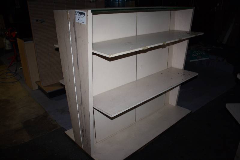 lot 30 image: Lot of (3) Display Shelves wWheels & Adjustable Shelves White 35 x 60 x 58.