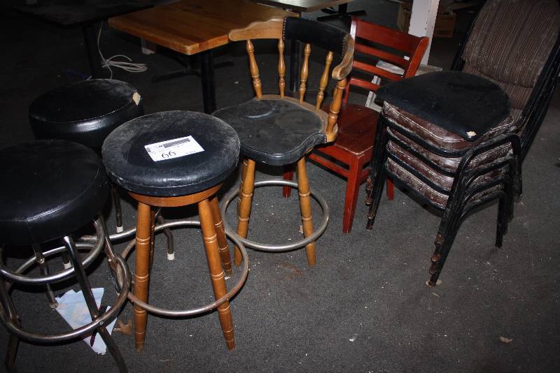lot 66 image: Lot of (9) Chairs Including Bar Stools Black Vinyl Seats wMetal Frames Wooden Chair.