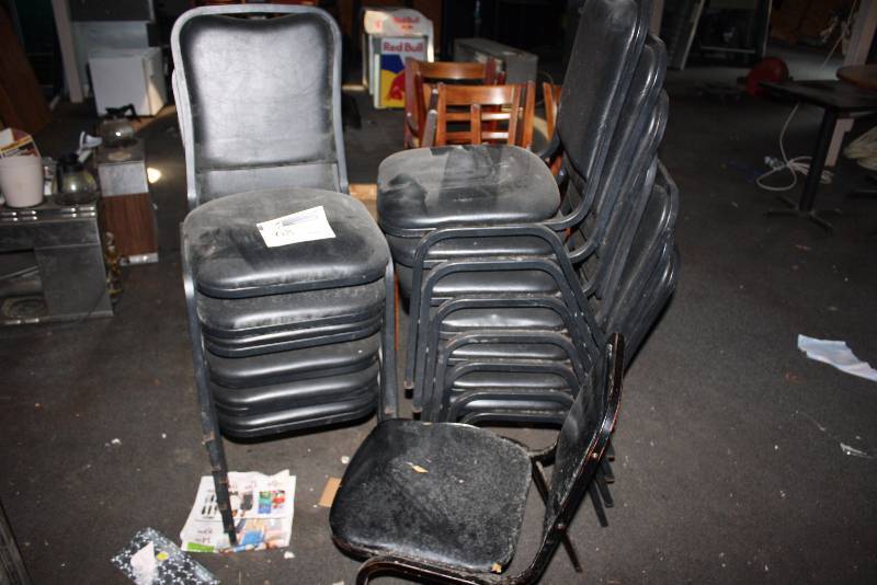 lot 68 image: Lot of (14) Vinyl Upholstered Chairs wMetal Frames Black.