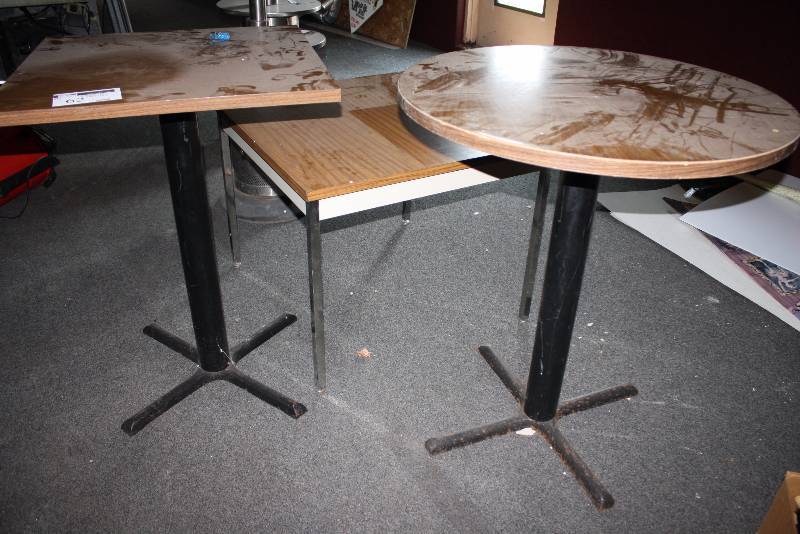 lot 62 image: Lot of (3) Tables wWood Style Tops & Metal Frames Circular Top (1), Square Top (2) 36 x 36 x 29, 36 x 36 x 42, 30 x 30 x 42.