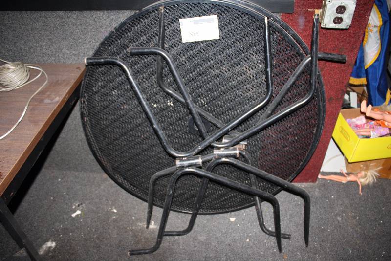 lot 86 image: Lot of (2) Folding Metal Tables Black 42 x 42 x 29 One Is Missing One Leg.