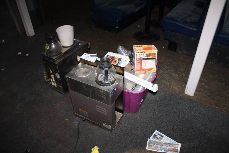 lot 73 image: Coffee Lot Including Bunn Commercial Coffee Maker wPot (2) Cups Light Fixture And More.