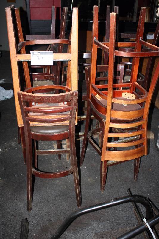 lot 79 image: Lot of (9) Bar Stools wBackings Wooden 16 x 16 x 40.5.