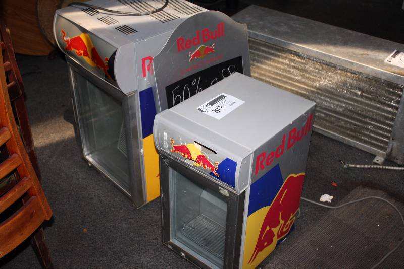 lot 80 image: Lot of (3) Including Red Bull Beverage Coolers (2) Red Bull Chalkboard Display Sign 13 x 16 x 23 17 x 18 x 29 18 x 31 Board.