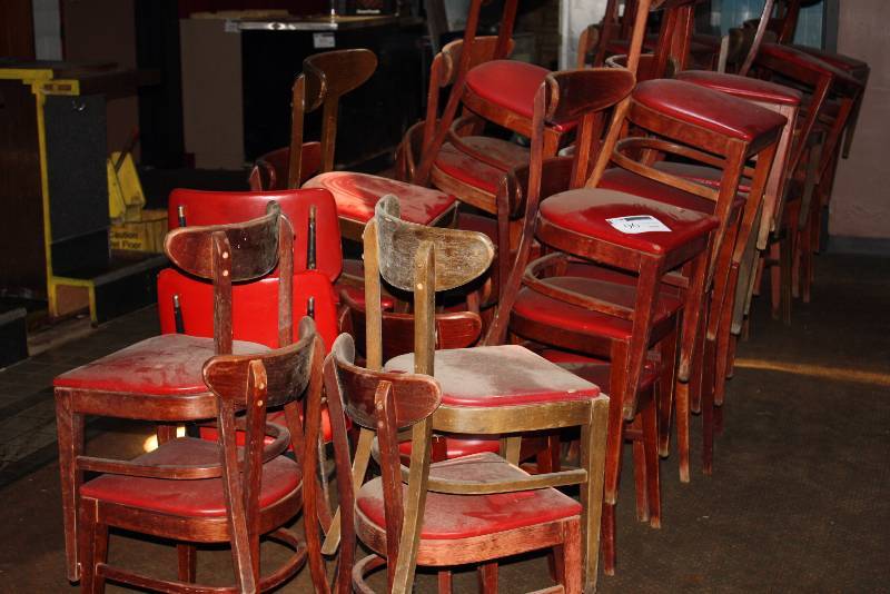 lot 96 image: Lot of (25) Wooden Red Vinyl Chairs wBackings 16.5 x 16.5 x 30.5.