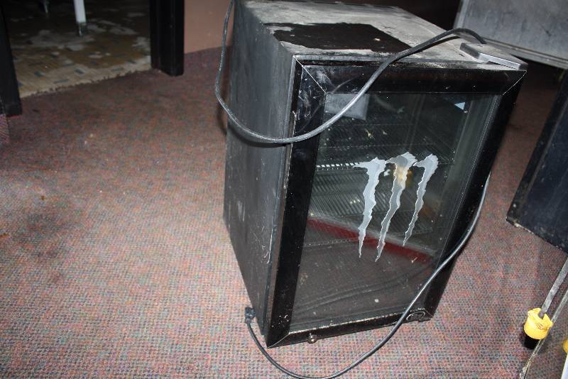 lot 100 image: Monster Beverage Refrigerator wRacks & Cord 17 x19 x 26.
