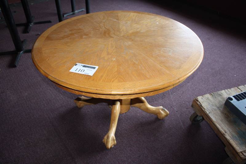 lot 110 image: Circular Wooden Table wBase & 3 Legs 48 x 48 x 30.