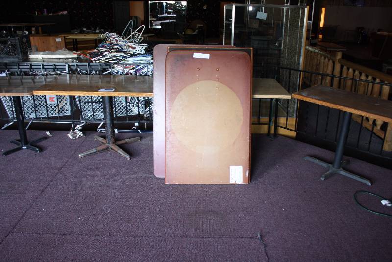 lot 112 image: Lot of (8) Including Wood Style Tables wMetal Bases (4) Wood Style Table Tops (4) 30 x 30 x 28 30 x 48 x 29.5 30 x 48 x 29 24 x 36 x 29.