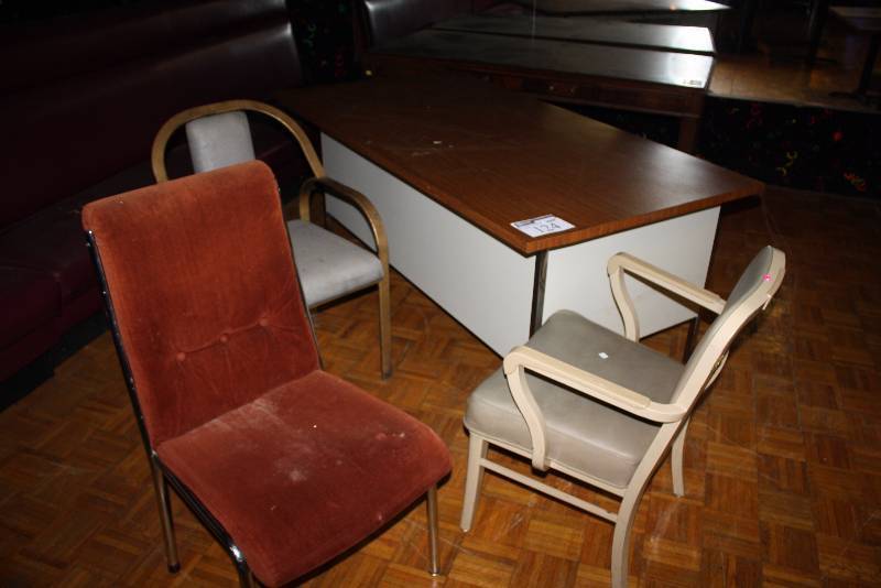 lot 124 image: Lot of (4) Including Office Desk wDrawers, 36 x 70 x 30 Miscellaneous Chairs (3).