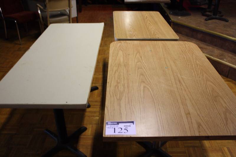 lot 125 image: Lot of (3) Wood Style Tables wMetal bases 30 x 47 x 29 24 x 42 x 29 24 x 60 x 29.