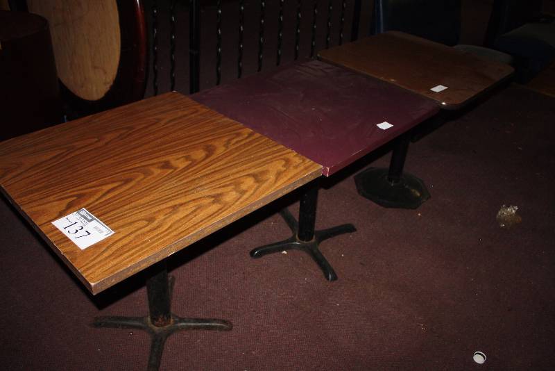 lot 137 image: Lot of (3) Wood Style Square Tables wMetal Bases 30 x 30 x 30 x 29.5 28 x 28 x 29.5 30 x 30 x 29.
